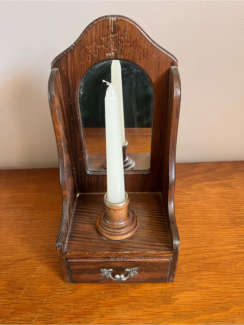 Vintage Wooden Wall Hanging Candle Holder with Drawer